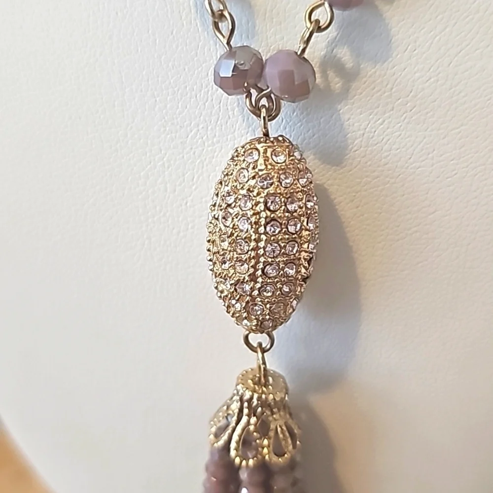 Vintage Purple AB Crystal Tassel and Pave Focal Oblong Bead Necklace 32 Inch